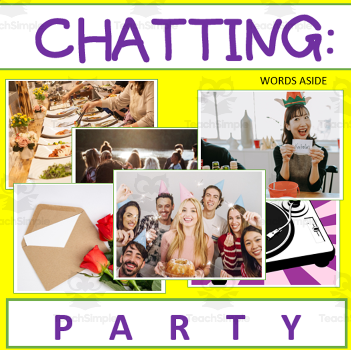 An educational teaching resource from WORDS ASIDE entitled Writing Prompt + Discussion Flashcards: Party Pack downloadable at Teach Simple.