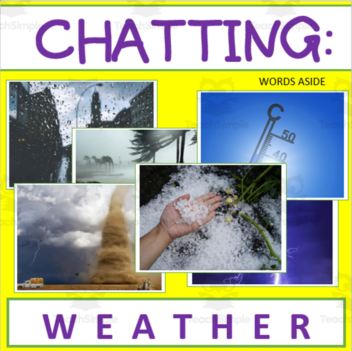 An educational teaching resource from WORDS ASIDE entitled Writing Prompt + Discussion Flashcards: Weather Pack downloadable at Teach Simple.