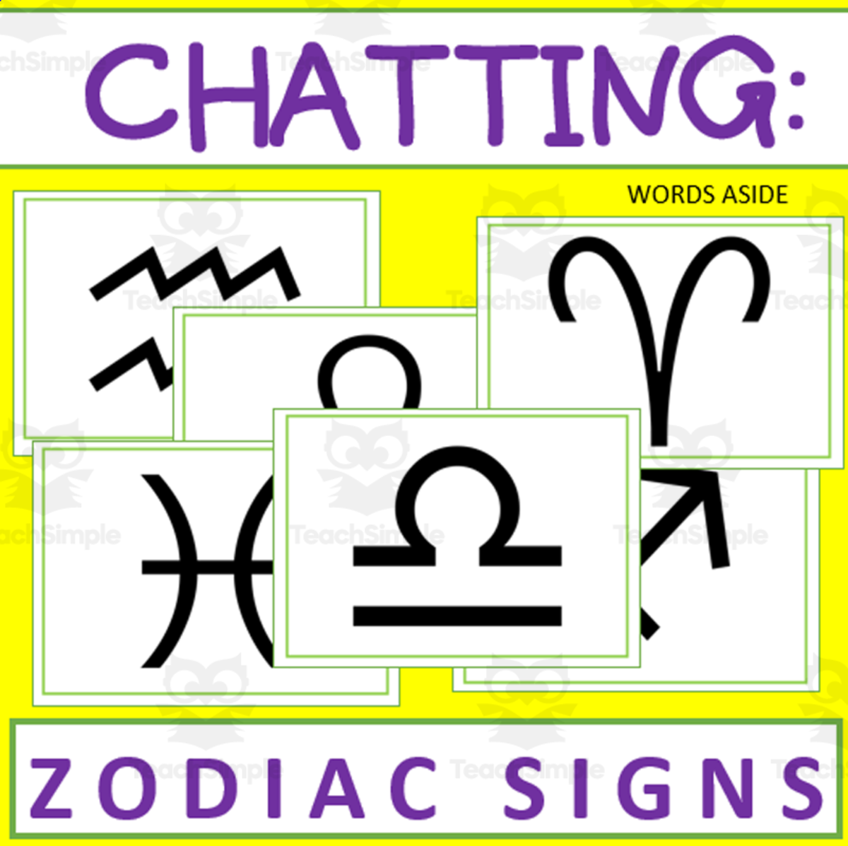 An educational teaching resource from WORDS ASIDE entitled Writing Prompt + Discussion Flashcards: Zodiac Signs Pack downloadable at Teach Simple.