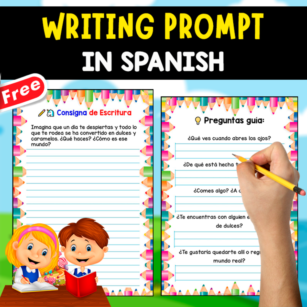 An educational teaching resource from EDITORIAL LAURA EDUCA entitled WRITING PROMPT IN SPANISH | Candy World downloadable at Teach Simple.