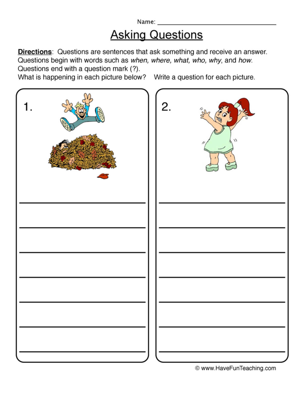 An educational teaching resource from Have Fun Teaching entitled Writing Questions Worksheet downloadable at Teach Simple.