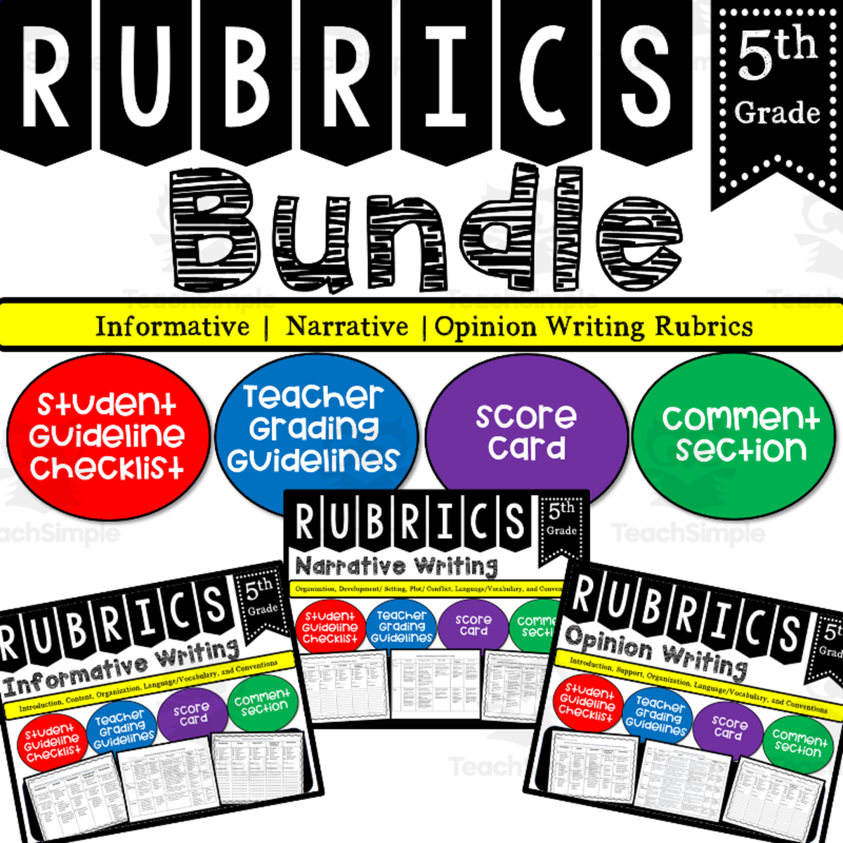 An educational teaching resource from K-5 Treasures entitled Writing Rubric BUNDLE for 5th Grade with Checklist downloadable at Teach Simple.