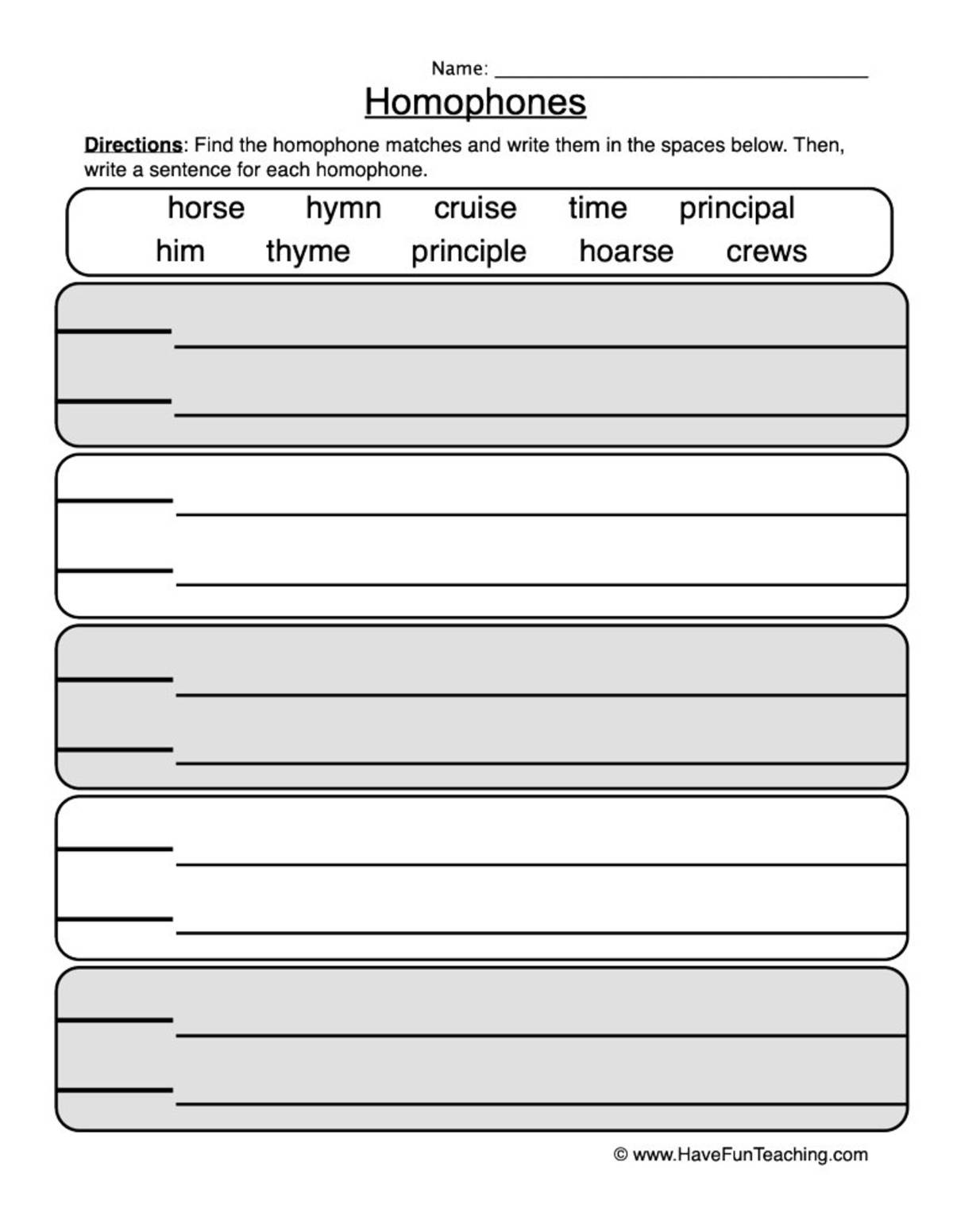 An educational teaching resource from Have Fun Teaching entitled Writing Sentences with Homophones Worksheet downloadable at Teach Simple.