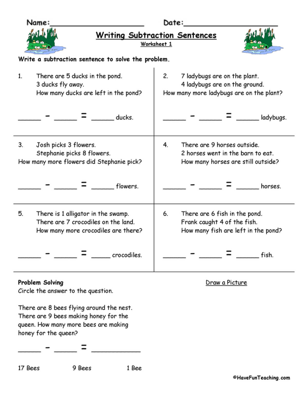 An educational teaching resource from Have Fun Teaching entitled Writing Subtraction Sentences Worksheets downloadable at Teach Simple.