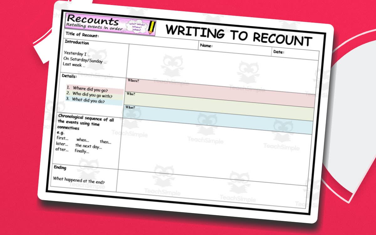 An educational teaching resource from Elementary Resources 4 U entitled Writing to Recount Template downloadable at Teach Simple.