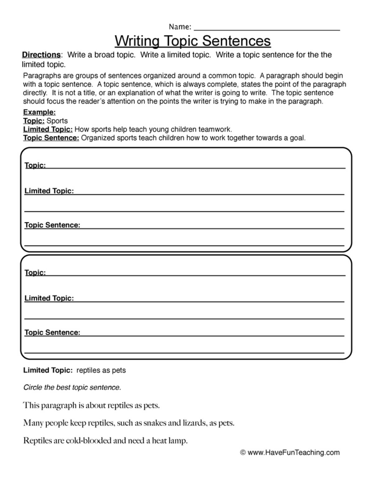 An educational teaching resource from Have Fun Teaching entitled Writing Topic Sentences Worksheet downloadable at Teach Simple.