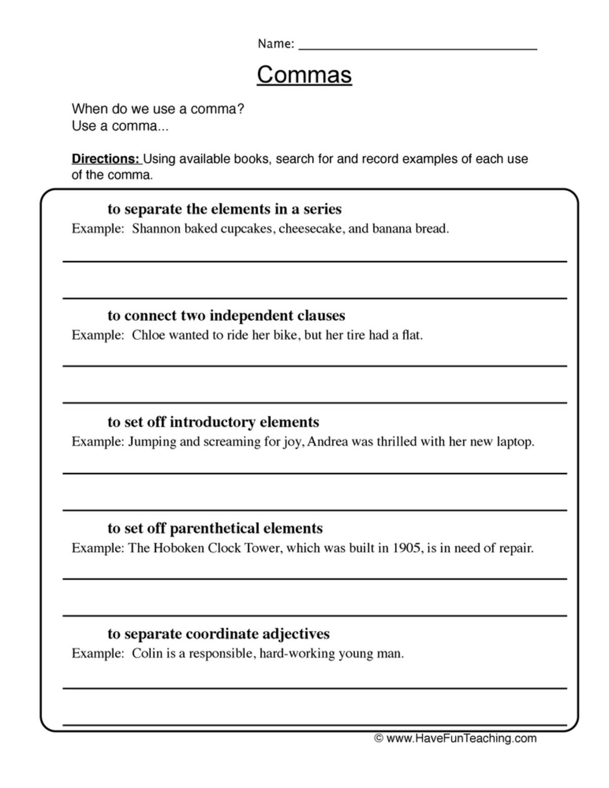An educational teaching resource from Have Fun Teaching entitled Writing with Commas Worksheet downloadable at Teach Simple.