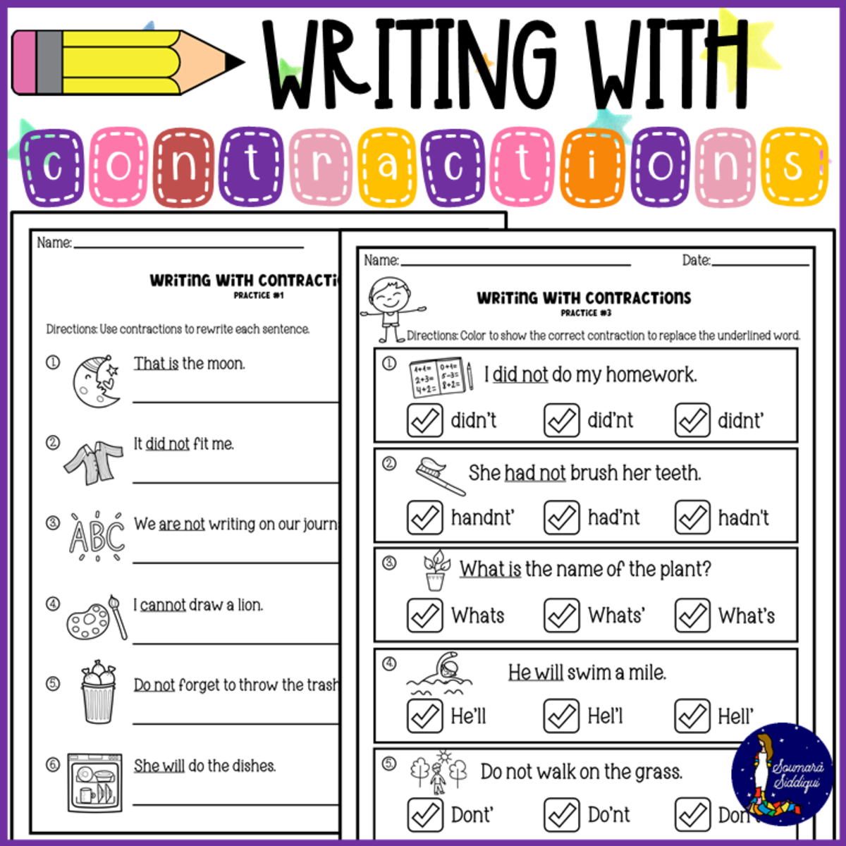 An educational teaching resource from Soumara Siddiqui entitled Writing with Contractions downloadable at Teach Simple.