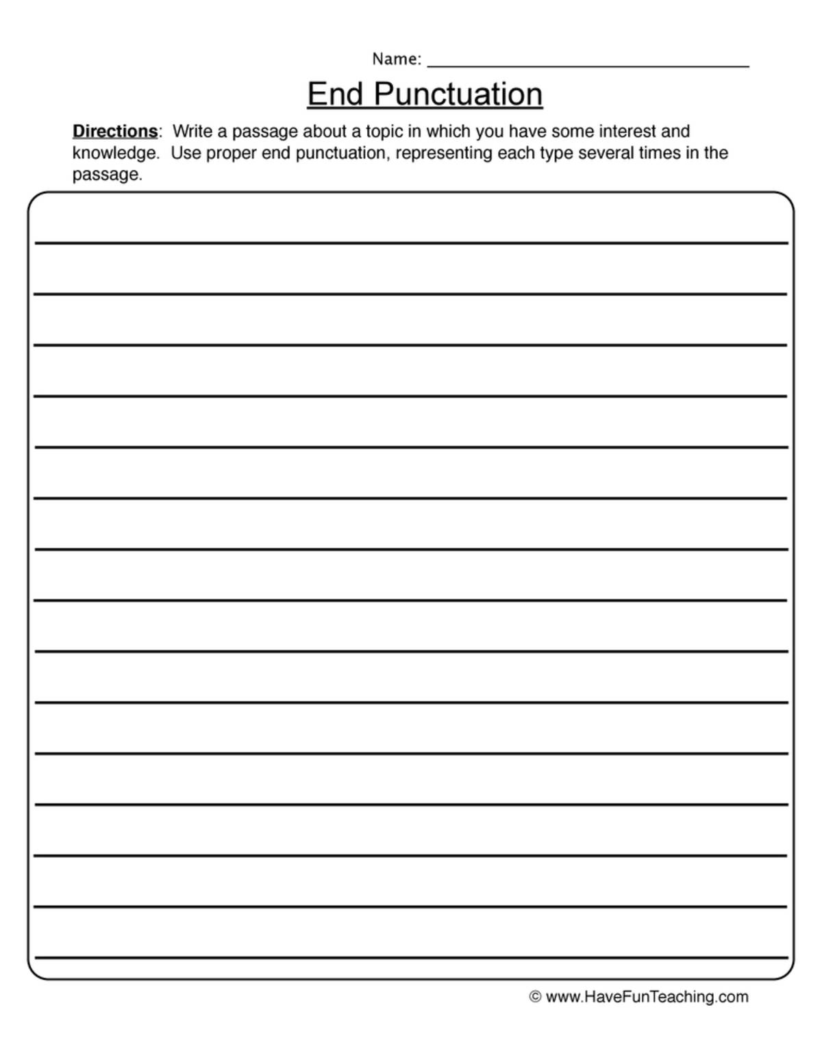 An educational teaching resource from Have Fun Teaching entitled Writing With End Punctuation Worksheet downloadable at Teach Simple.