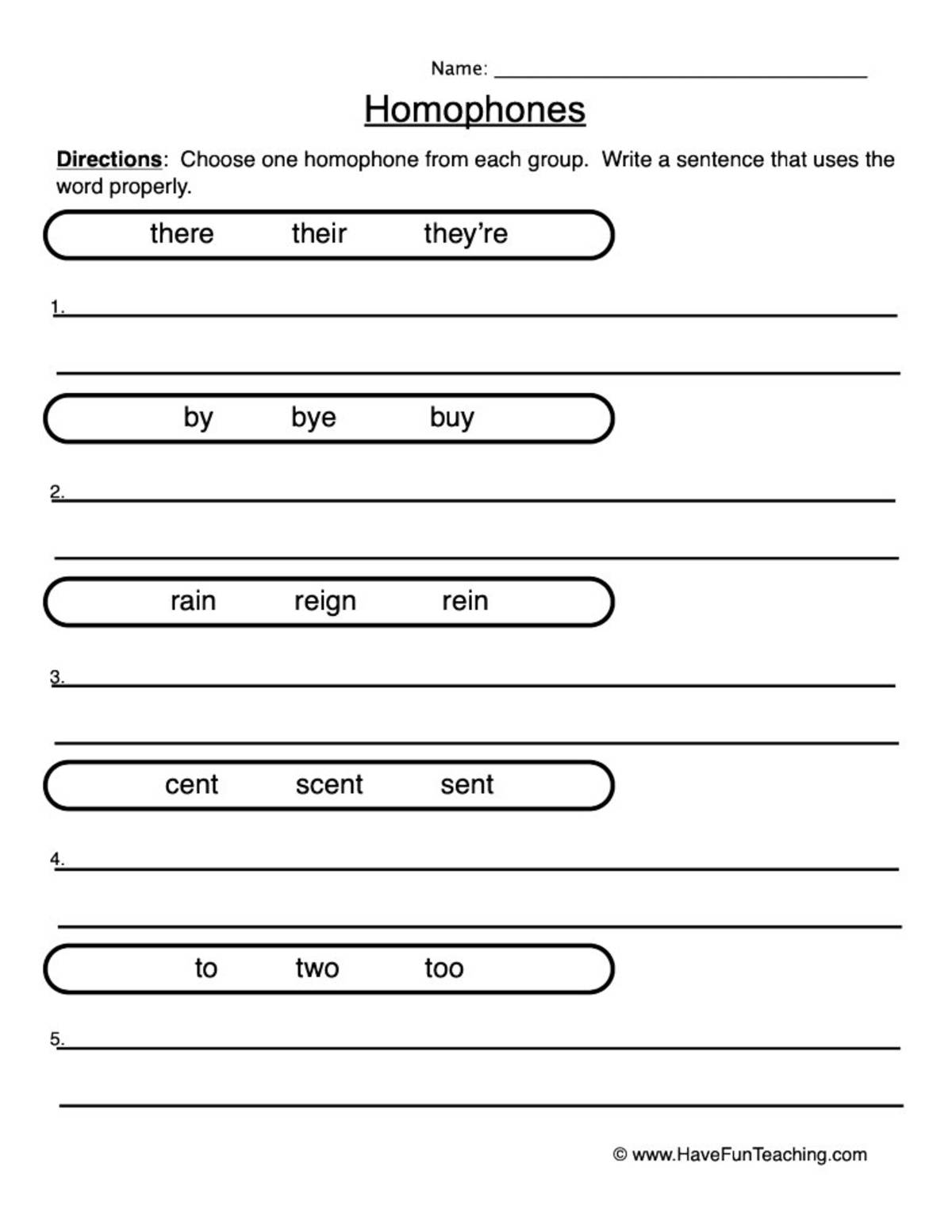 An educational teaching resource from Have Fun Teaching entitled Writing with Homophones Worksheet downloadable at Teach Simple.