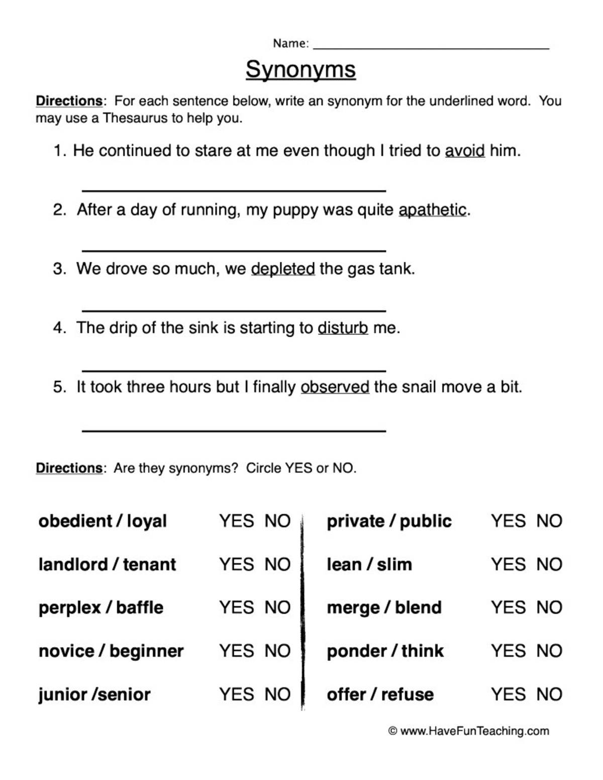 An educational teaching resource from Have Fun Teaching entitled Writing with Synonyms Worksheet downloadable at Teach Simple.
