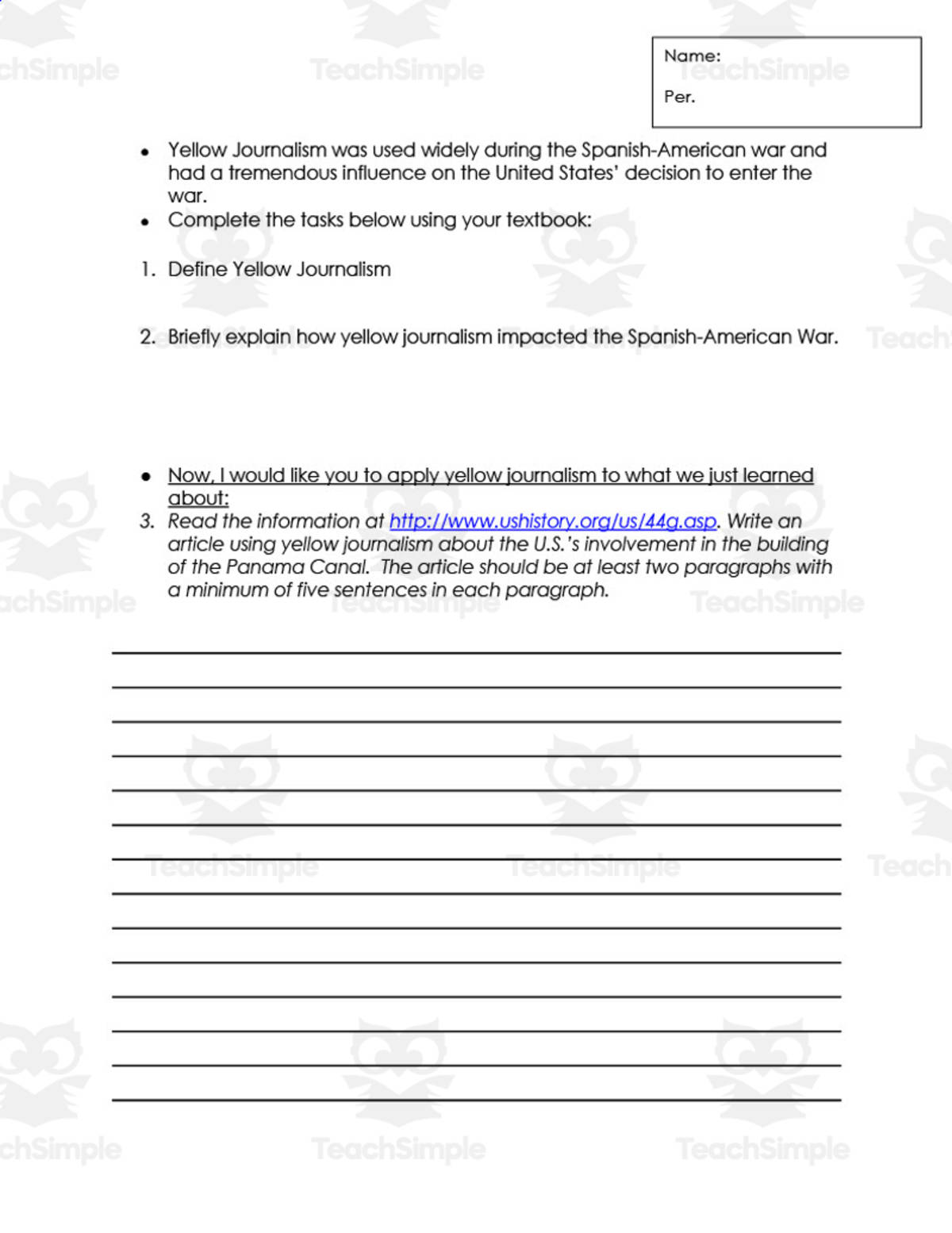 An educational teaching resource from Jason Stein entitled Writing: Yellow Journalism downloadable at Teach Simple.