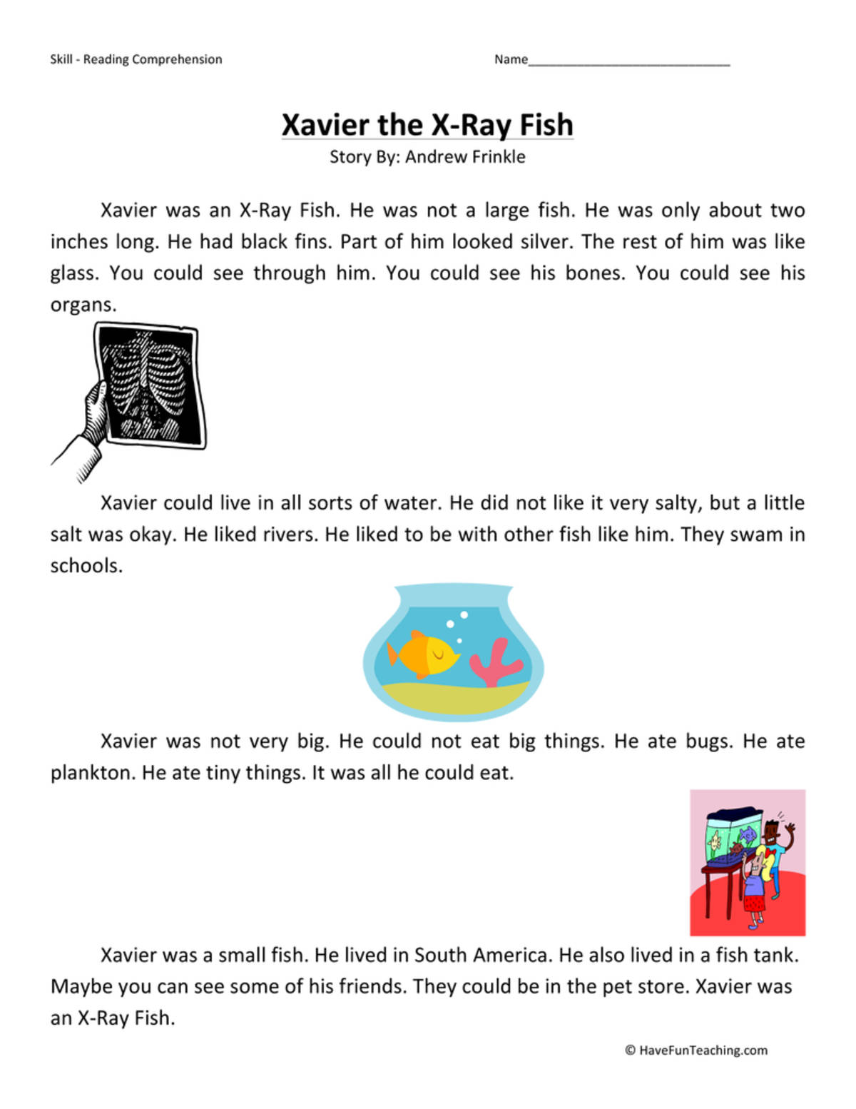 An educational teaching resource from Have Fun Teaching entitled Xavier the Xray Fish Reading Comprehension Worksheet downloadable at Teach Simple.