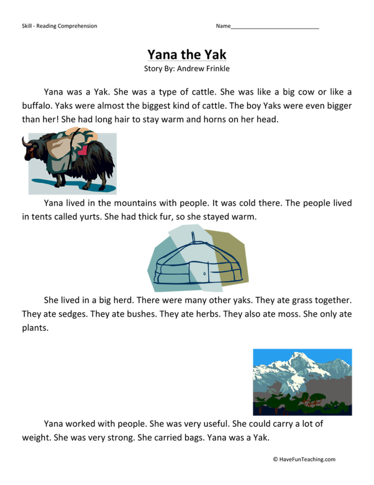 An educational teaching resource from Have Fun Teaching entitled Yana the Yak Reading Comprehension Worksheet downloadable at Teach Simple.