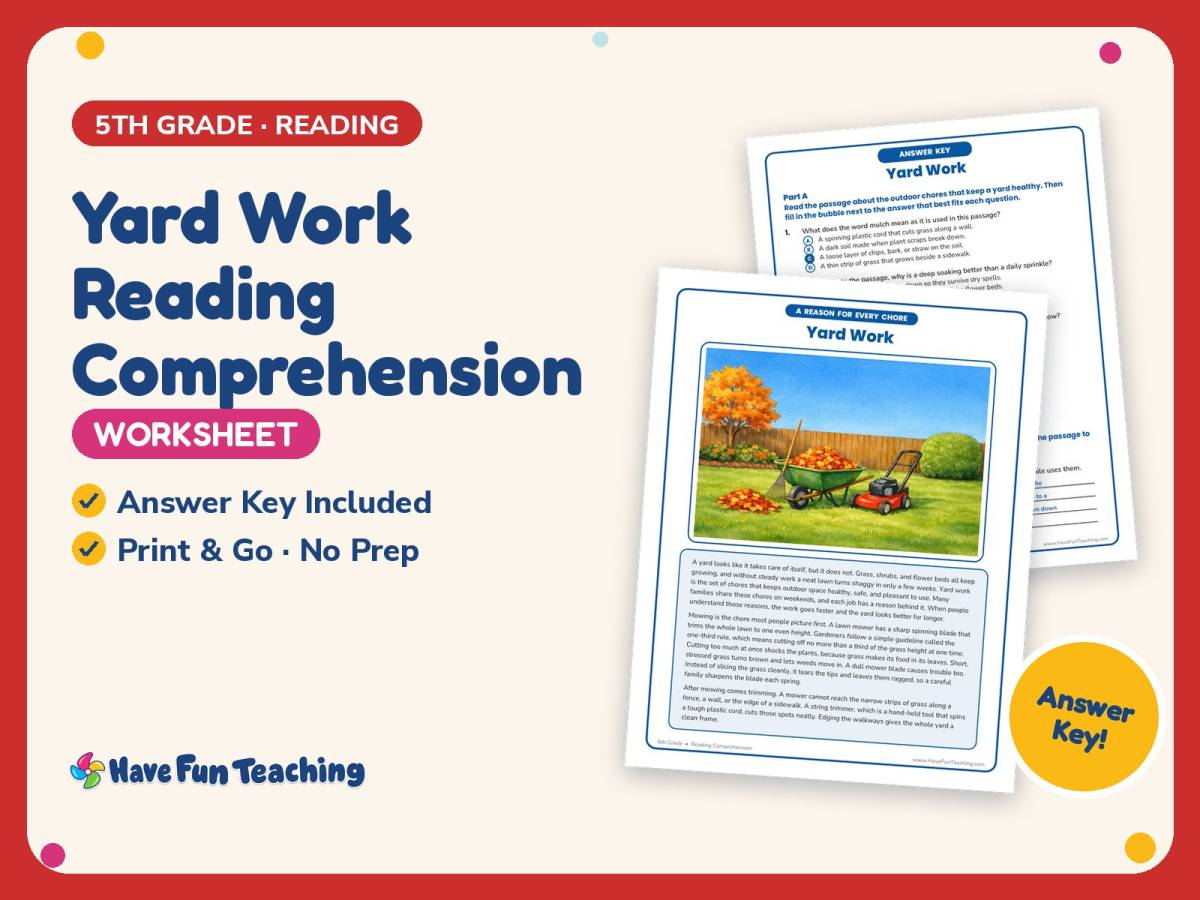 Yard Work Reading Comprehension Worksheet – 5th Grade Practice preview