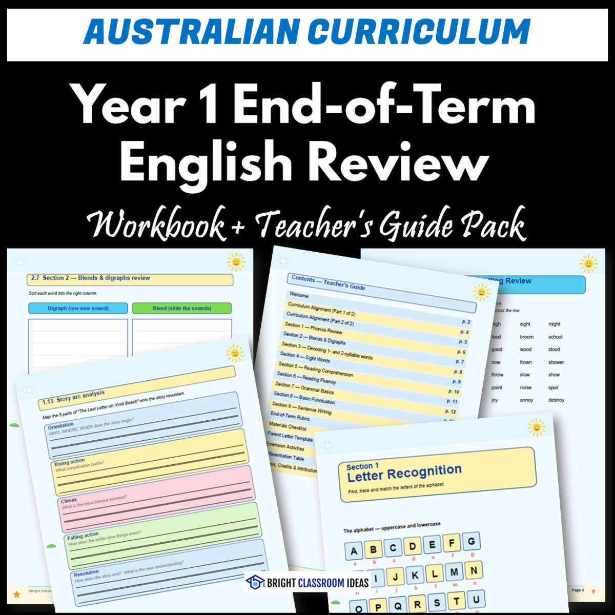 An educational teaching resource from Bright Classroom Ideas Marketplace entitled Year 1 End-of-Term English Review Pack | Australian Curriculum downloadable at Teach Simple.