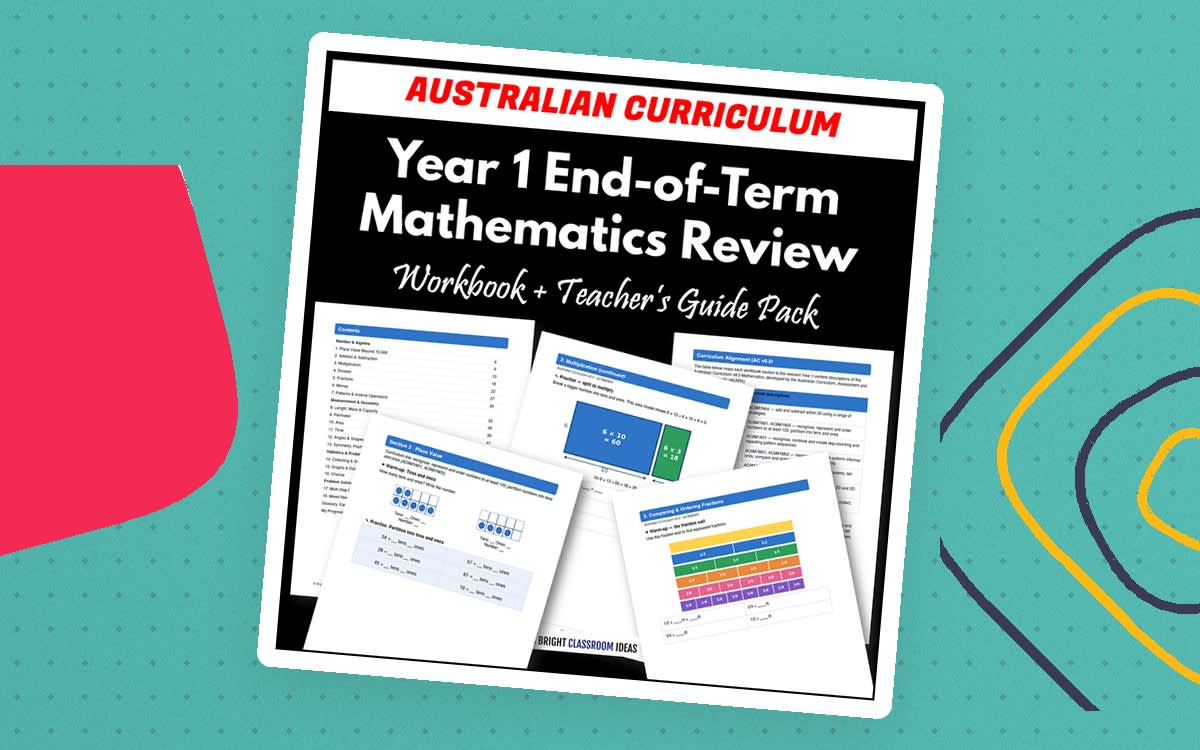 An educational teaching resource from Bright Classroom Ideas Marketplace entitled Year 1 End-of-Term Mathematics Review Pack | Australian Curriculum downloadable at Teach Simple.