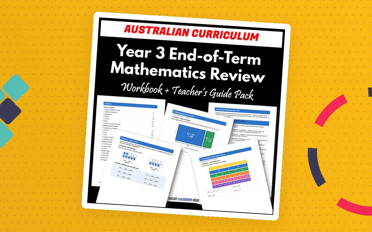 An educational teaching resource from Bright Classroom Ideas Marketplace entitled Year 3 End-of-Term Mathematics Review Pack | Australian Curriculum downloadable at Teach Simple.