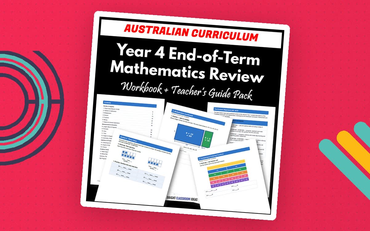 An educational teaching resource from Bright Classroom Ideas Marketplace entitled Year 4 End-of-Term Mathematics Review Pack | Australian Curriculum downloadable at Teach Simple.