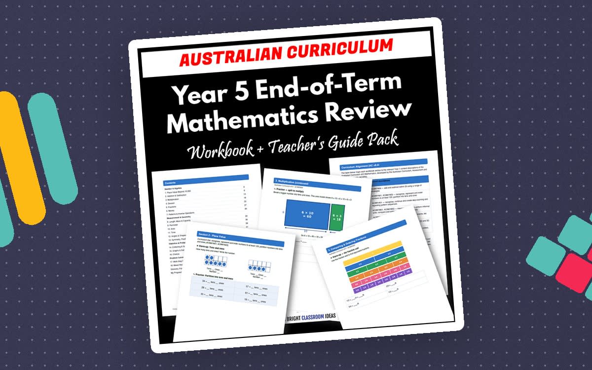 An educational teaching resource from Bright Classroom Ideas Marketplace entitled Year 5 End-of-Term Mathematics Review Pack | Australian Curriculum downloadable at Teach Simple.