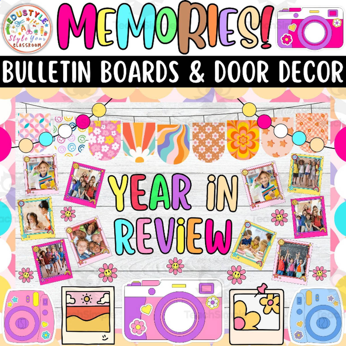 An educational teaching resource from Style Your Classroom entitled Year in Review: Memories And Summer Bulletin boards & door Decor kit downloadable at Teach Simple.