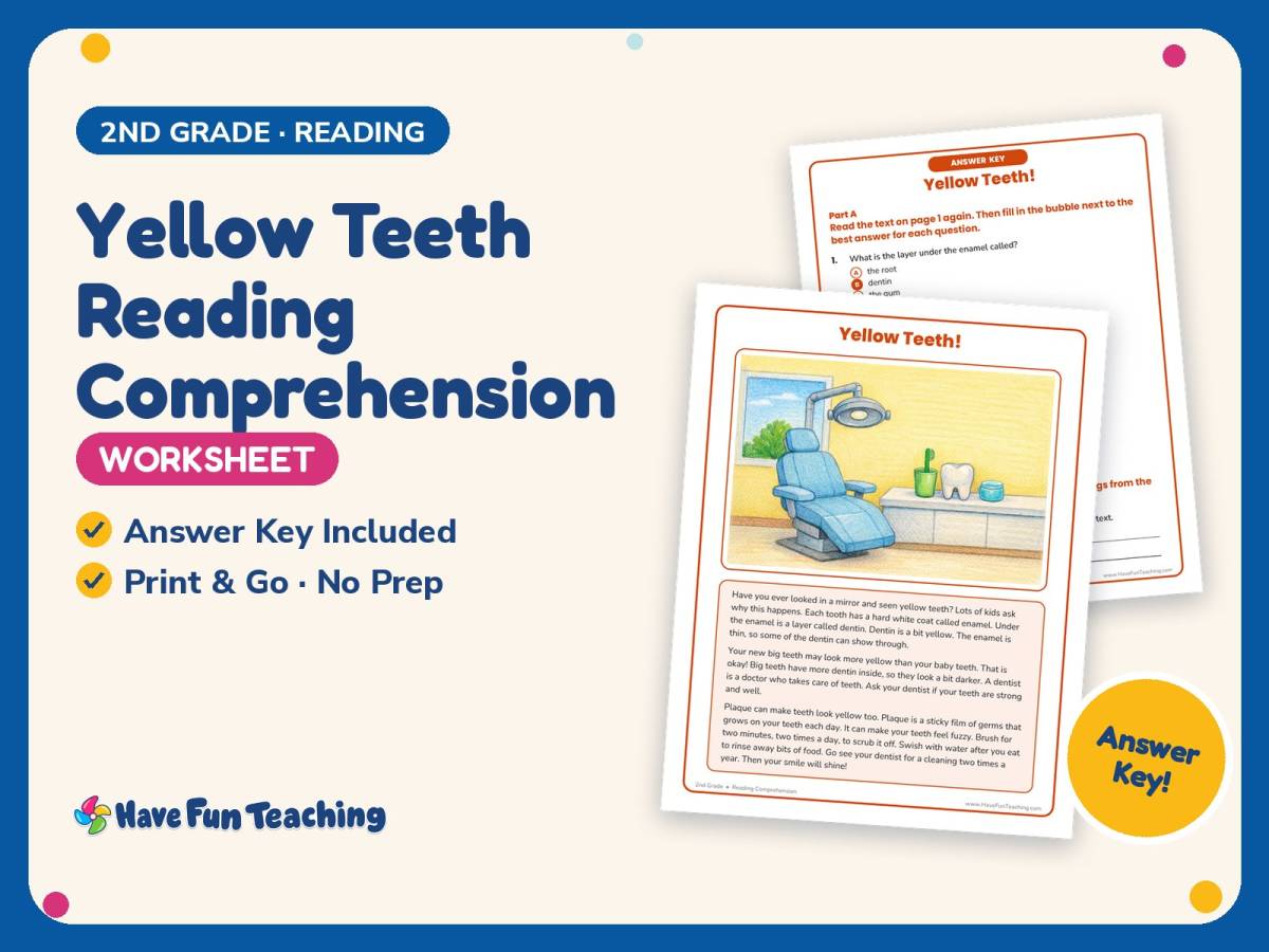 Yellow Teeth Reading Comprehension Worksheet – 2nd Grade Human Body preview