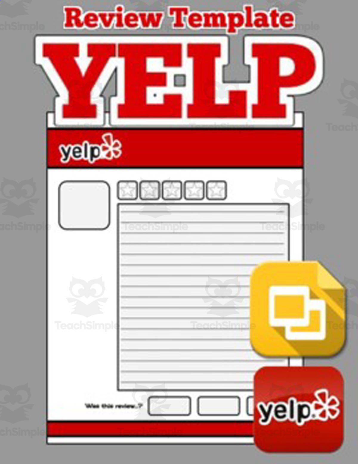 An educational teaching resource from Roombop entitled Yelp Review Template (Editable on Google Slides) downloadable at Teach Simple.