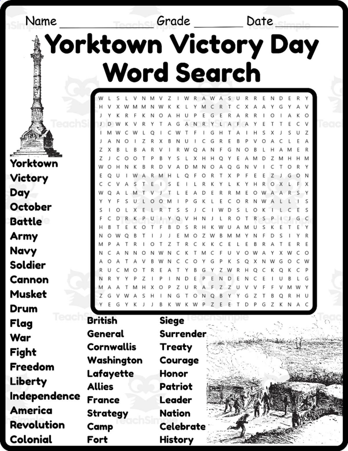 An educational teaching resource from Classsim entitled Yorktown Victory Day Word Search 2rd 3th 4th 5th Grade worksheet downloadable at Teach Simple.