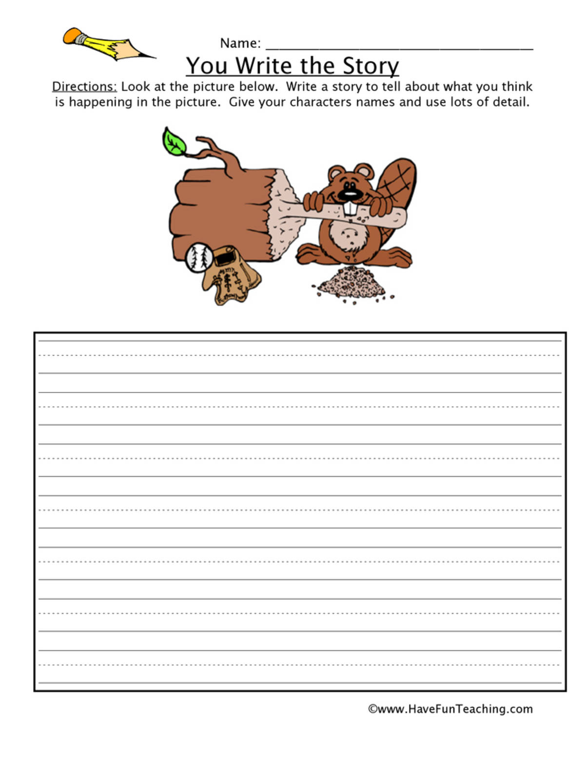 An educational teaching resource from Have Fun Teaching entitled You Write the Story Beaver Picture Worksheet downloadable at Teach Simple.