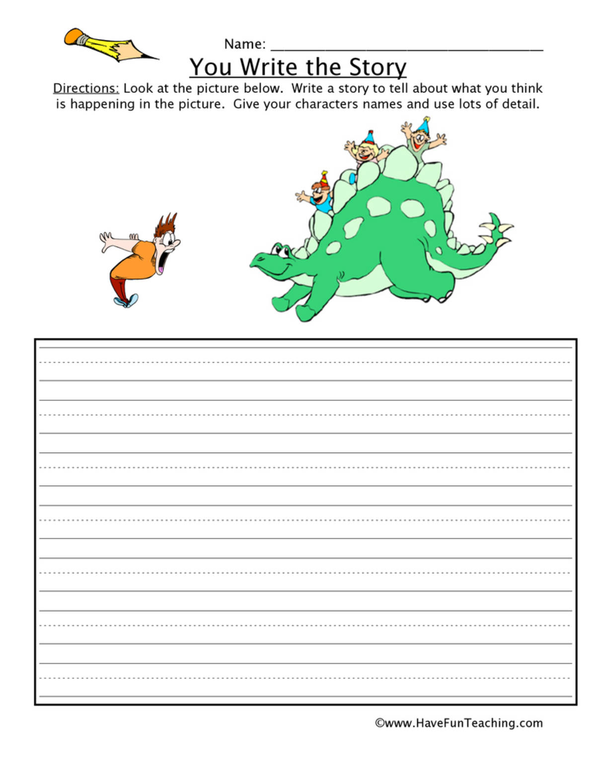 An educational teaching resource from Have Fun Teaching entitled You Write the Story Dinosaur Picture Worksheet downloadable at Teach Simple.