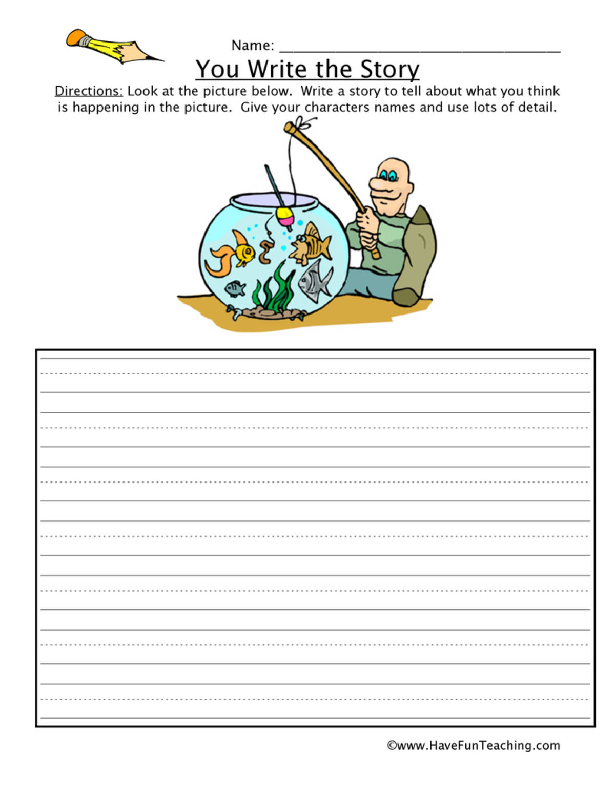 An educational teaching resource from Have Fun Teaching entitled You Write the Story Fishing Picture Worksheet downloadable at Teach Simple.