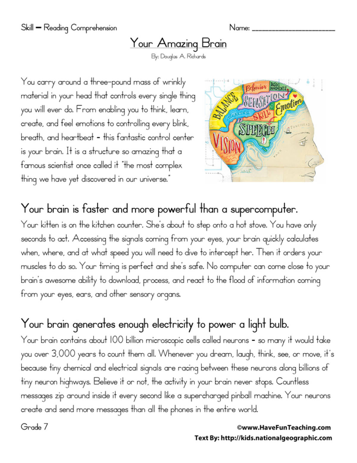 An educational teaching resource from Have Fun Teaching entitled Your Amazing Brain Reading Comprehension Worksheet downloadable at Teach Simple.