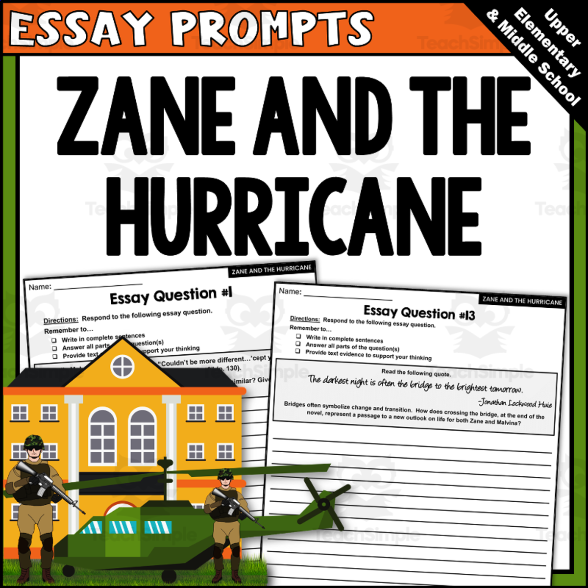 An educational teaching resource from Creatively Gifted entitled "Zane and the Hurricane" Essay Questions & Writing Prompts Pack downloadable at Teach Simple.