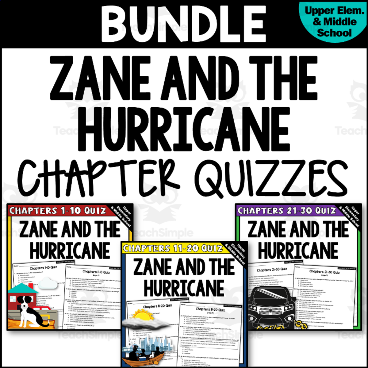 An educational teaching resource from Creatively Gifted entitled "Zane and the Hurricane" Novel Study Chapter Quizzes BUNDLE downloadable at Teach Simple.