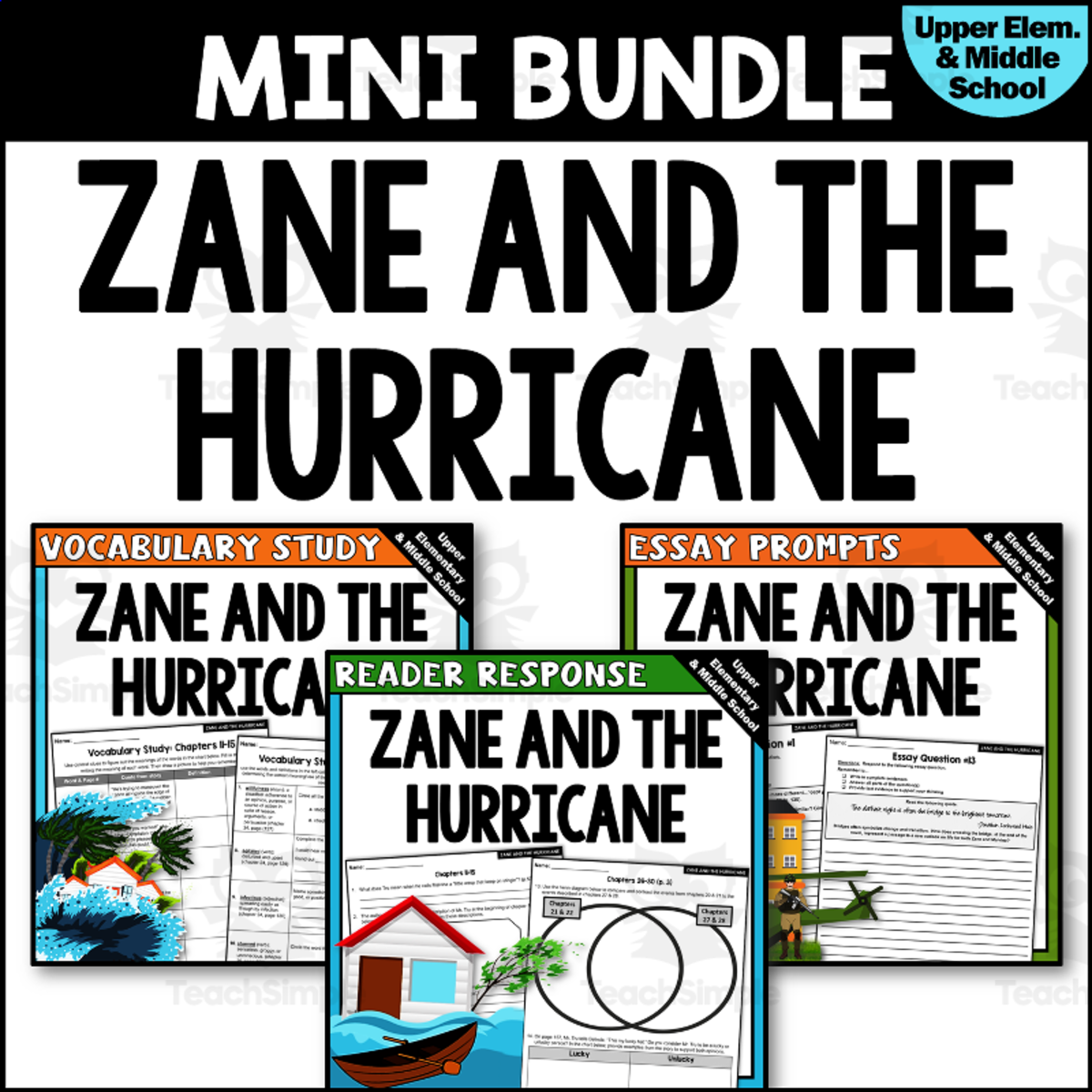 An educational teaching resource from Creatively Gifted entitled "Zane and the Hurricane" Novel Study MINI BUNDLE downloadable at Teach Simple.