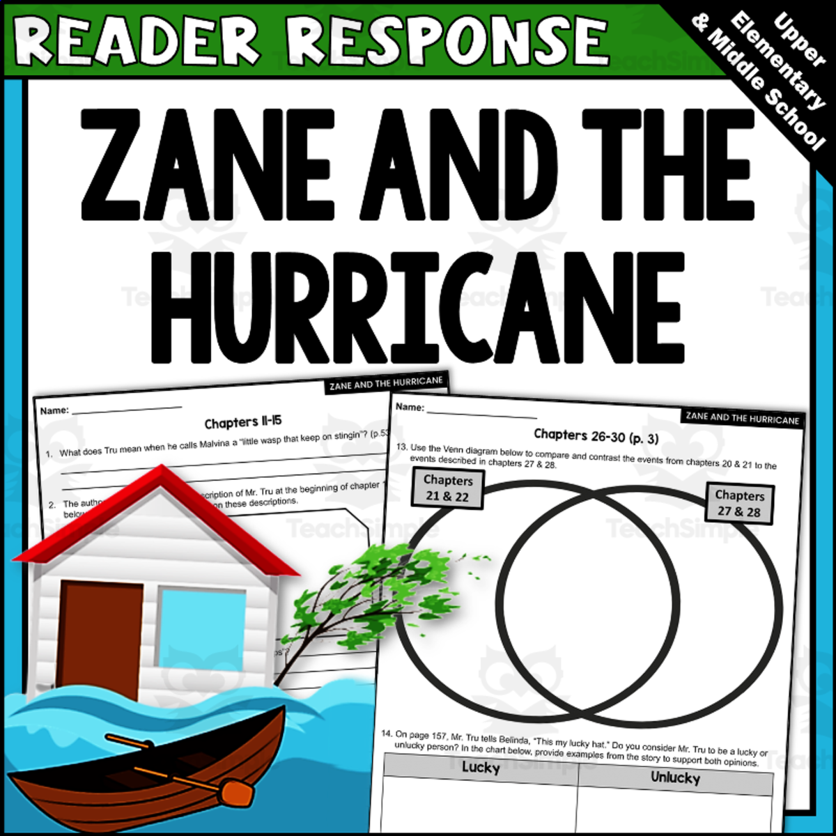 An educational teaching resource from Creatively Gifted entitled "Zane and the Hurricane" Novel Study Reader Response Questions Packet downloadable at Teach Simple.