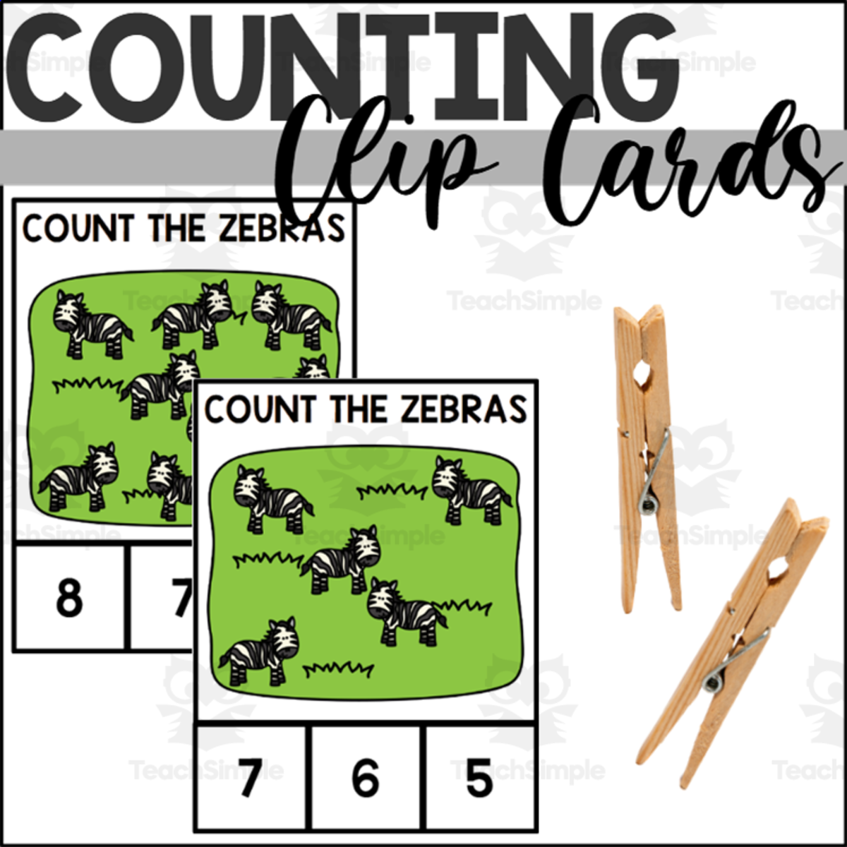 An educational teaching resource from The Connett Connection entitled Zebra Counting to 10 Clip Cards downloadable at Teach Simple.