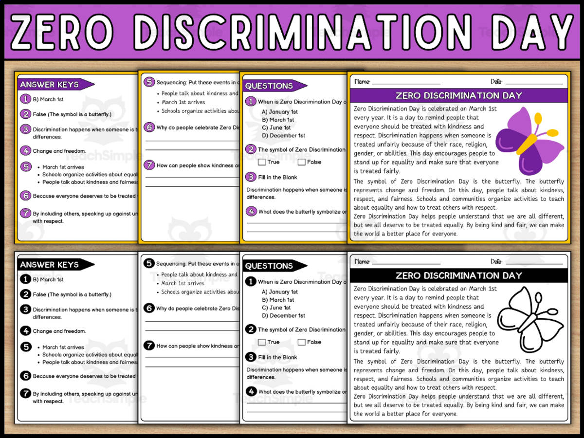 An educational teaching resource from Wonderland School entitled Zero Discrimination Day Reading Comprehension Passage and Questions downloadable at Teach Simple.