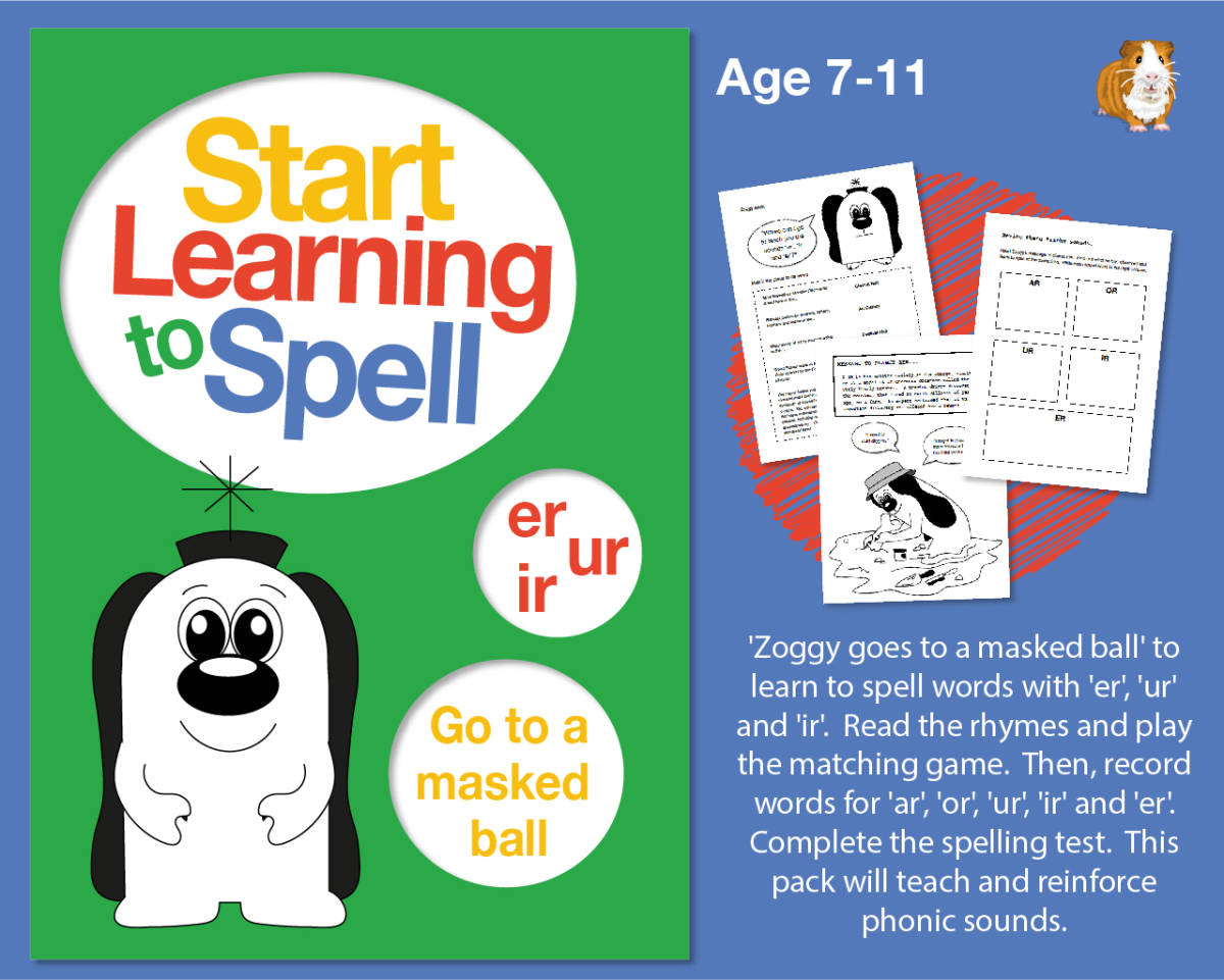 An educational teaching resource from Guinea Pig Education entitled 'Zoggy Goes To A Masked Ball' Spell Words With 'er, ur, ir' (7-11 years) downloadable at Teach Simple.