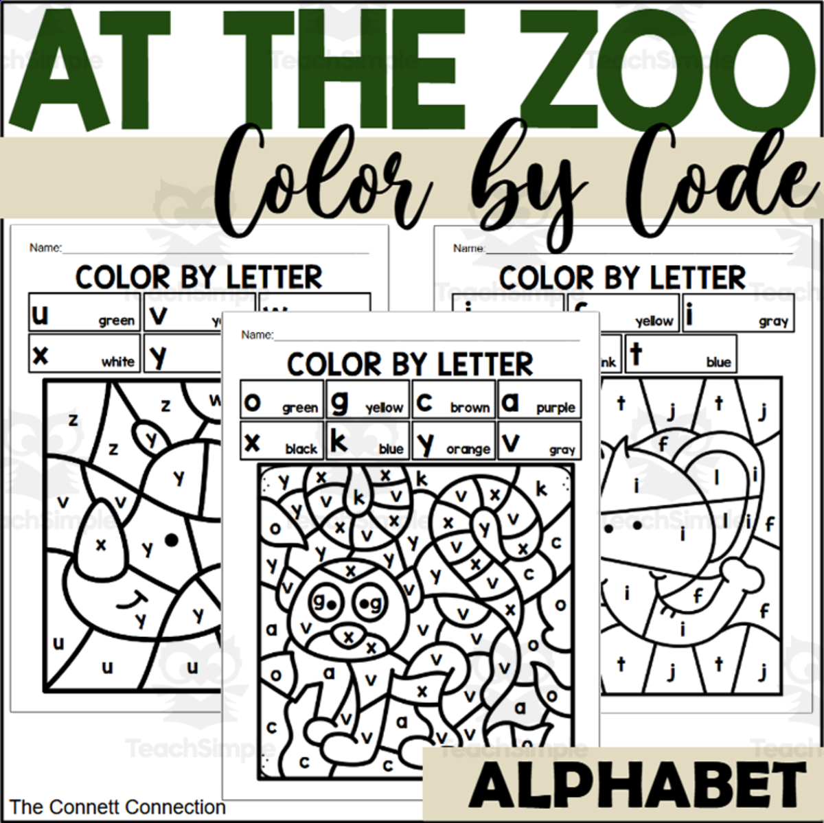 An educational teaching resource from The Connett Connection entitled Zoo Alphabet Color by Code for Lowercase Letters downloadable at Teach Simple.