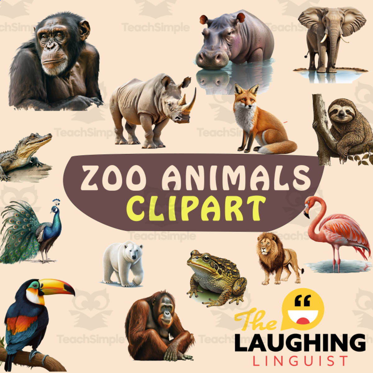 An educational teaching resource from The Laughing Linguist entitled Zoo Animals Clipart Bundle: 90 Vibrant Images for Teachers & Sellers downloadable at Teach Simple.