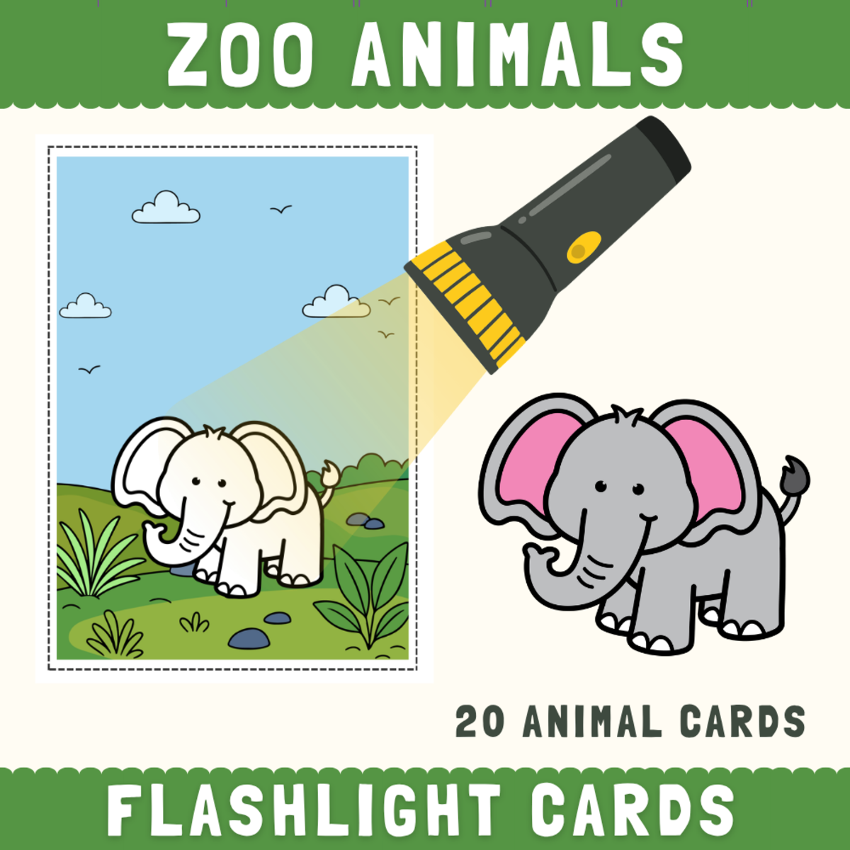 An educational teaching resource from Perfect_Printables entitled Zoo Safari animals flashlight cards hidden picture activity downloadable at Teach Simple.