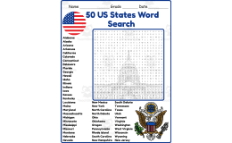 50 US STATES Word Search 2nd, 3rd, 4th & 5th Grades Worksheet