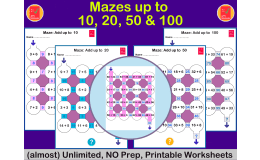 Addition Mazes up to 10, 20 50 & 100 - (almost) Unlimited Worksheets