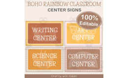 Classroom Center Sign in Boho Rainbow Theme - 100% Editable