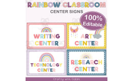 Classroom Center Sign in pastel Rainbow Theme - 100% Editable