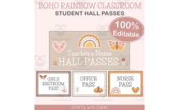 Classroom Student Hall Pass in Boho Rainbow Theme - 100% Editable