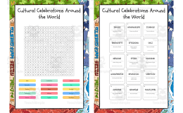 Cultural Celebrations Around the World word search, scramble and cross
