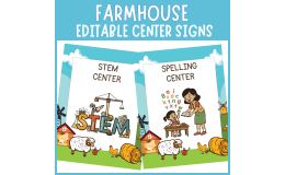 Editable farmhouse barn animals themed center sign classroom decor