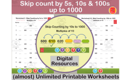 Skip counting by 5, 10 & 100 up to 1000 Worksheets + more